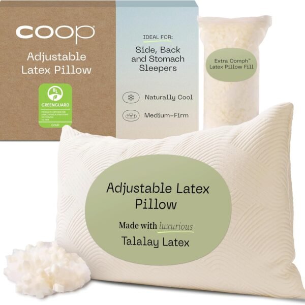 Coop Home Goods Adjustable Latex Pillow Queen. with Talalay Latex & Microfiber Fill. Best Pillows for Sleeping. Naturally Cooling. Eco-Friendly. Medium Firm Pillow for Back. Stomach or Side Sleepers
