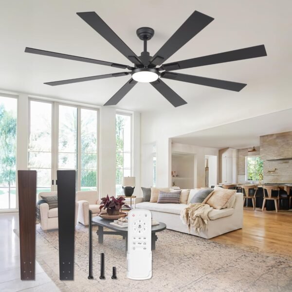 72 inch Large Ceiling Fans with Lights and Remote. Indoor/Outdoor Black Modern Ceiling Fan for Kitchen Living Room Patio. 6 Speed Reversible Quiet DC Motor. 3 CCT. Dual Finish 8 Blades