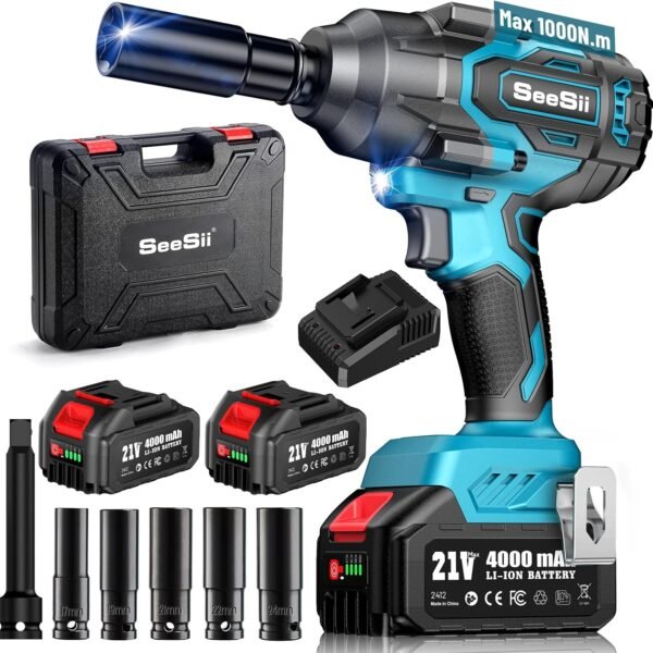 Seesii 1000N.m (738ft-lbs) Cordless Impact Wrench High Torque.1/2 Brushless Impact Gun w/Two 4.0Ah Battery.Fast Charger. 5 Sockets & Storage Case. Electric Impact Wrench for Car Truck.WH760