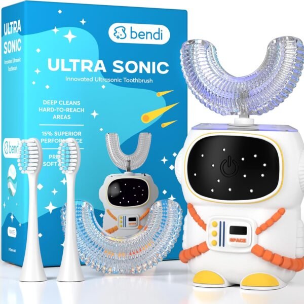 Sensory 360 Round U-Shaped Astronaut Design Mouthguard Electric Toothbrush for Kids Ages 2-7 - Automatic Memory Function - 5 Modes Toothbrush with Multiple Heads – Kids Travel Essentials (White)