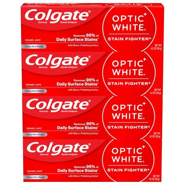 Colgate Optic White Stain Fighter Teeth Whitening Toothpaste. Anticavity Fluoride Toothpaste for Whitening Teeth. Helps Remove Daily Surface Stains. Clean Mint Paste. 4 Pack. 4.2 oz
