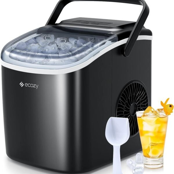 ecozy Portable Countertop Ice Maker - 9 Ice Cubes in 6 Minutes. 26 lbs Daily Output. Self-Cleaning with Ice Bags. Scoop. and Basket for Kitchen. Office. Bar. Party - Black