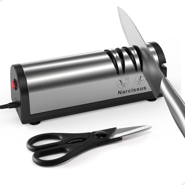 Narcissus Knife Sharpener. Professional 2 Stage Electric Knife Sharpener for Quick Sharpening & Polishing. with Scissors Sharpener and Metal Dust Collection Box. Stainless Steel. Silver