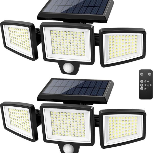 Tuffenough Solar Outdoor Lights 2500LM 210 LED Security Lights with Remote Control.3 Heads Motion Sensor Lights. IP65 Waterproof.270° Wide Angle Flood Wall Lights with 3 Modes(2 Packs)
