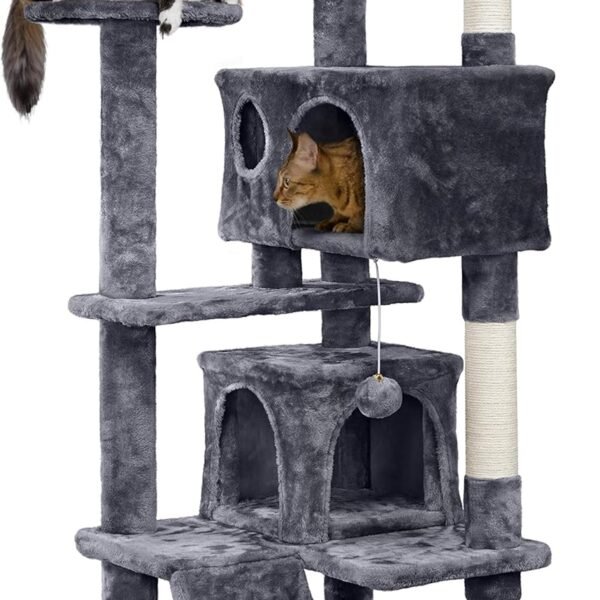 Yaheetech 54in Cat Tree. Multi-Level Cat Tower with Spacious Kitten-ear Perch. 2 Cozy Caves. Scratching Posts. Climbing Ladder. 2 Plush Balls. Durable Pet House Furniture for Indoor Kittens. Dark Gray